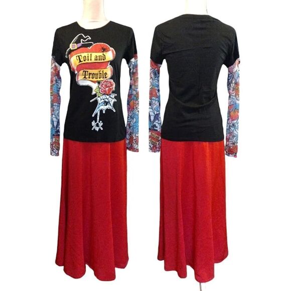 Y2K 00s Black Red Toil And Trouble Tattoo Mesh Long Sleeve Tshirt Large - Picture 11 of 16